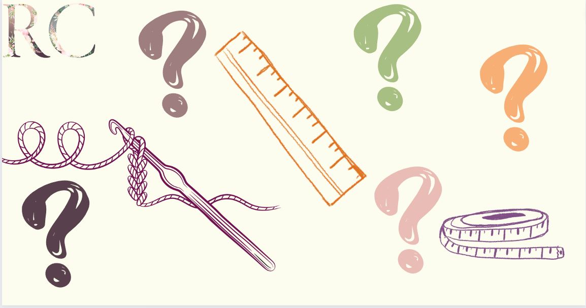 crochet hook, ruler, measuring tape interspersed with question marks